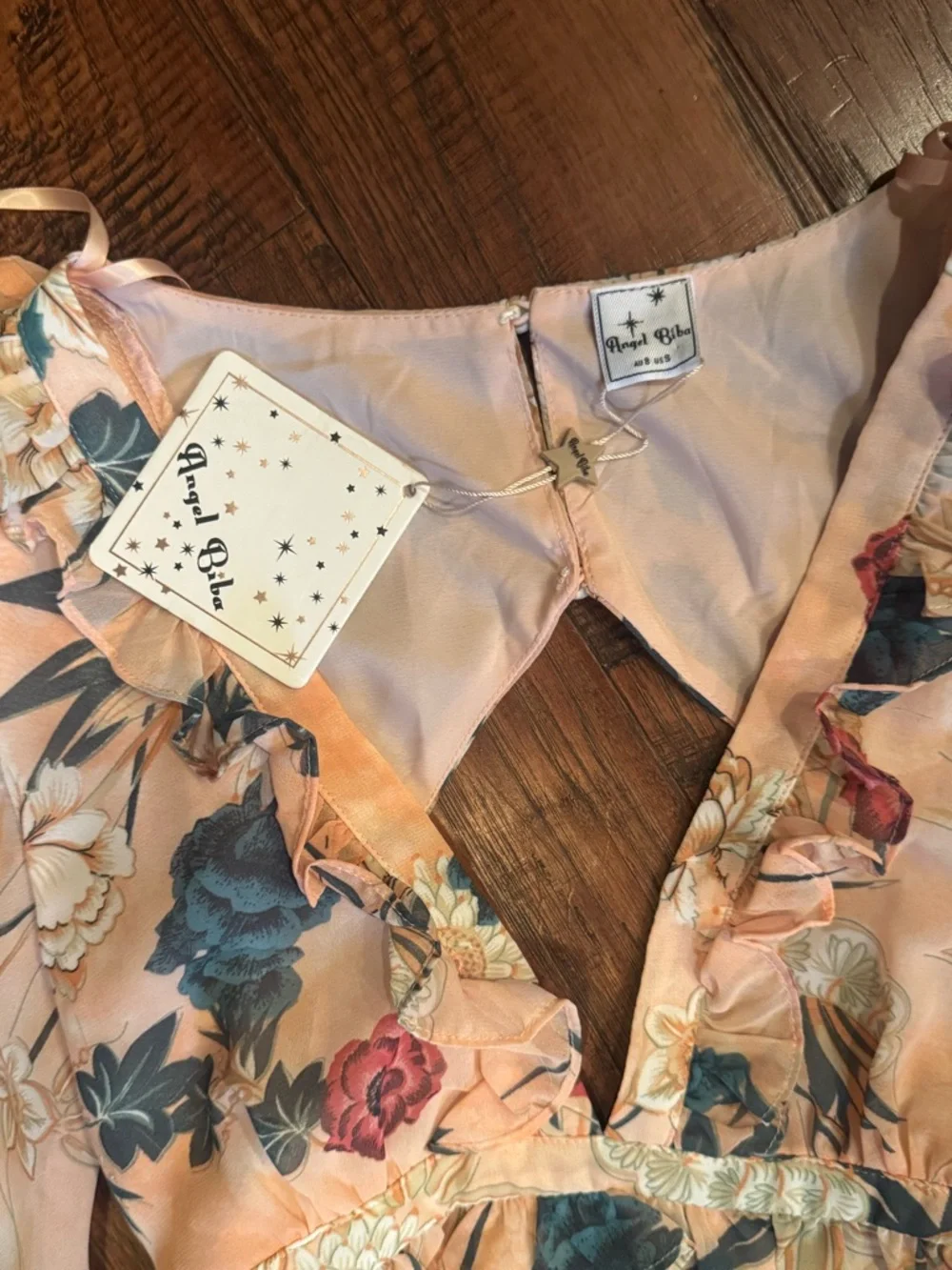 Angel Biba Peach Floral Ruffle Dress with Blue & Cream Accents - Picture 2 of 6